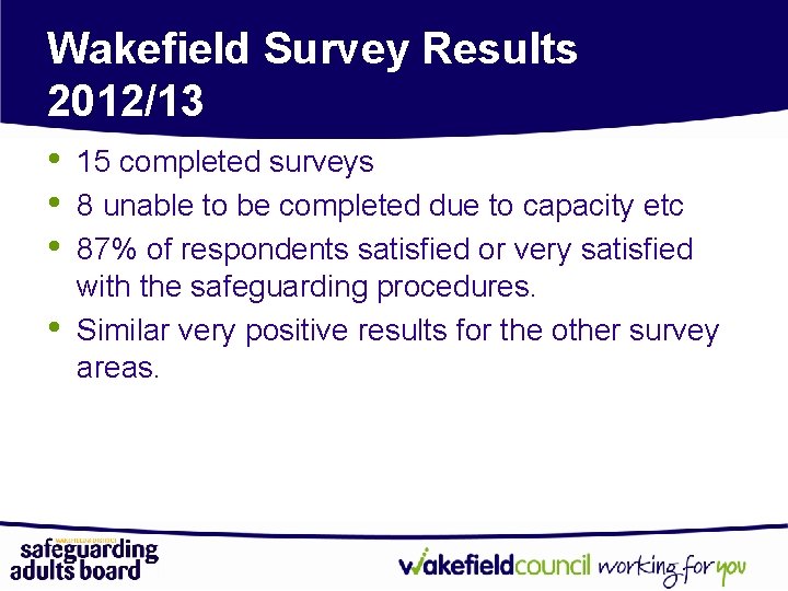 Wakefield Survey Results 2012/13 • • 15 completed surveys 8 unable to be completed