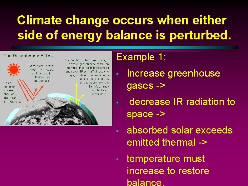 Climate change occurs when either side of energy balance is perturbed. Example 1: •