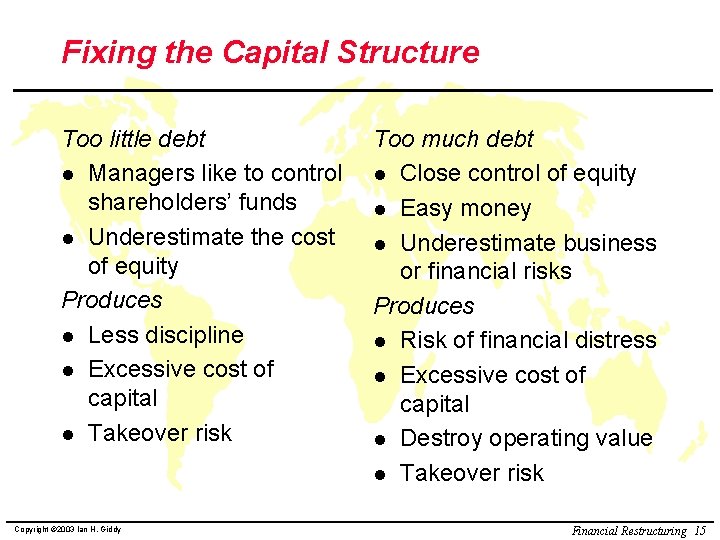 Fixing the Capital Structure Too little debt l Managers like to control shareholders’ funds