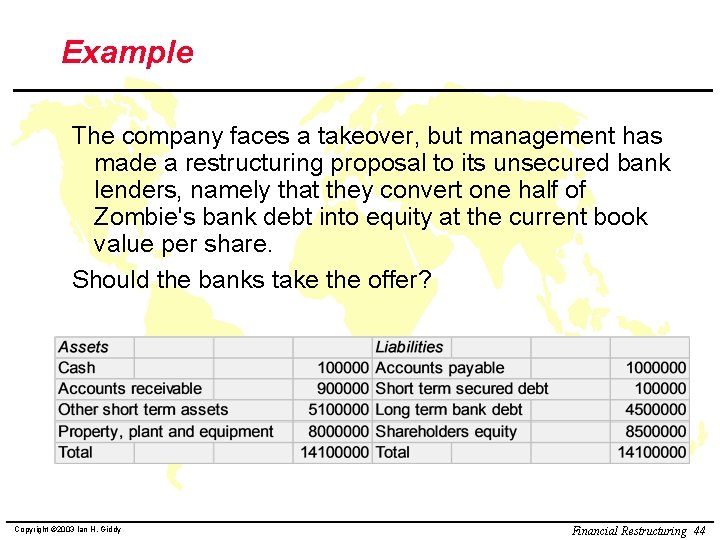 Example The company faces a takeover, but management has made a restructuring proposal to