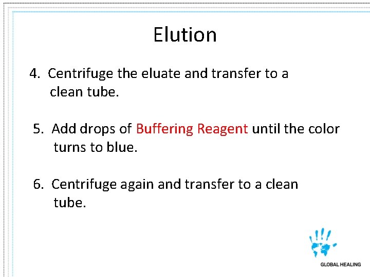 Elution 4. Centrifuge the eluate and transfer to a clean tube. 5. Add drops