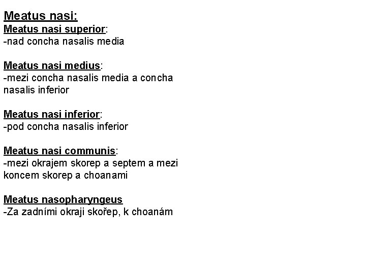 Meatus nasi: Meatus nasi superior: -nad concha nasalis media Meatus nasi medius: -mezi concha