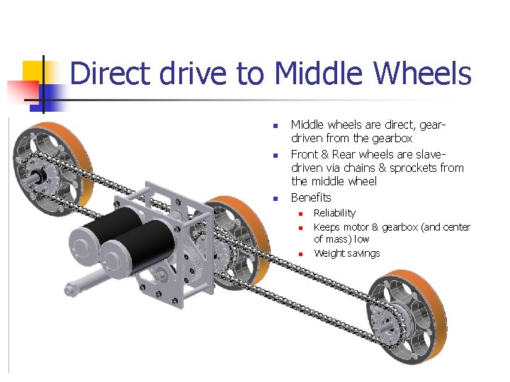 Direct drive to Middle Wheels n n n Middle wheels are direct, geardriven from