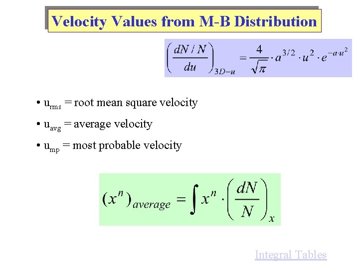 Velocity Values from M-B Distribution • urms = root mean square velocity • uavg