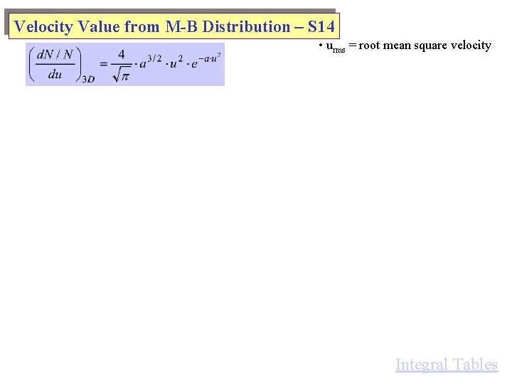 Velocity Value from M-B Distribution – S 14 • urms = root mean square