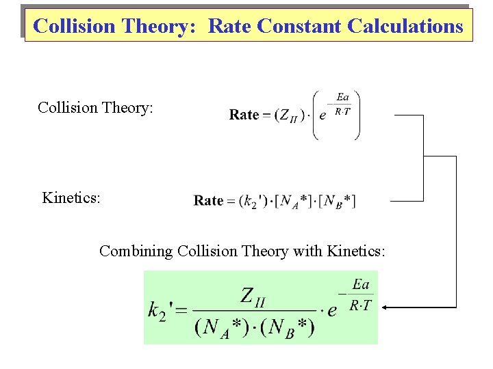 Collision Theory: Rate Constant Calculations Collision Theory: Kinetics: Combining Collision Theory with Kinetics: 