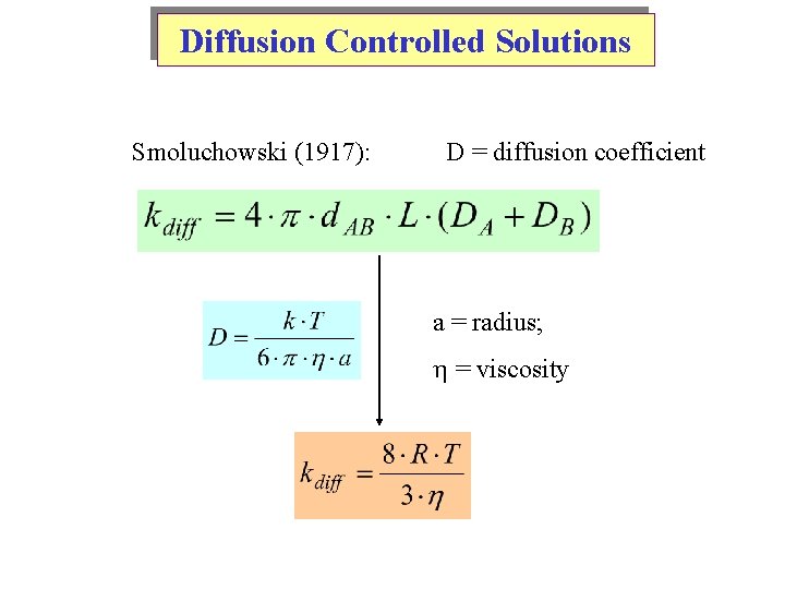 Diffusion Controlled Solutions Smoluchowski (1917): D = diffusion coefficient a = radius; = viscosity