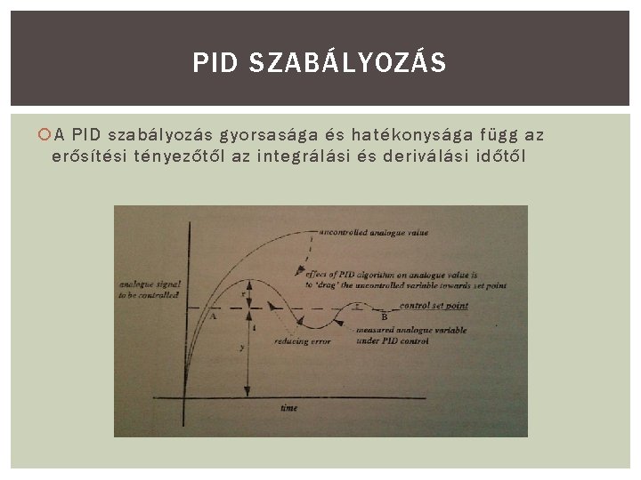 PID SZABÁLYOZÁS A PID szabályozás gyorsasága és hatékonysága függ az erősítési tényezőtől az integrálási