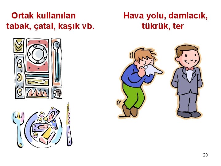 Ortak kullanılan tabak, çatal, kaşık vb. Hava yolu, damlacık, tükrük, ter 29 