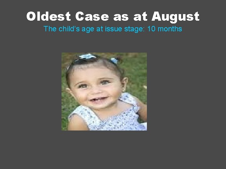 Oldest Case as at August The child’s age at issue stage: 10 months 