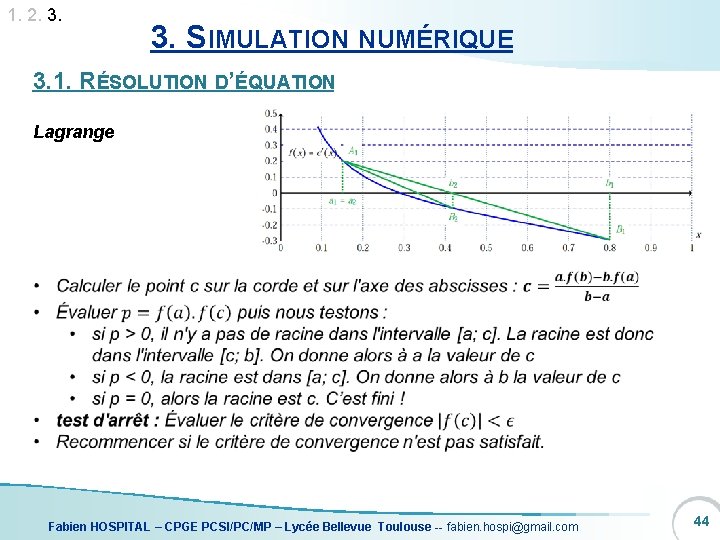 1. 2. 3. SIMULATION NUMÉRIQUE 3. 1. RÉSOLUTION D’ÉQUATION Lagrange Fabien HOSPITAL – CPGE