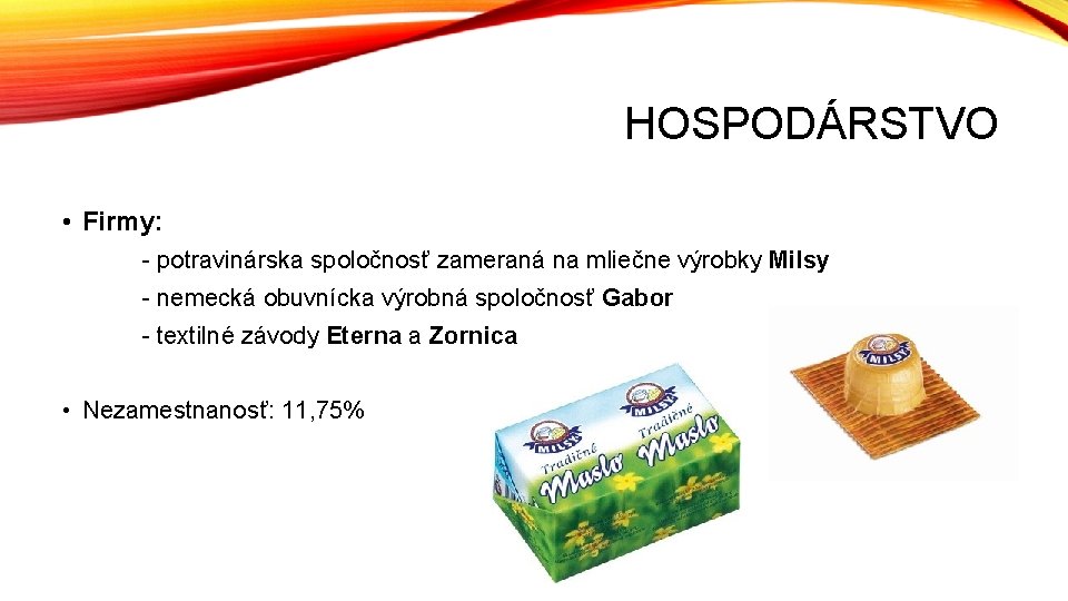 HOSPODÁRSTVO • Firmy: - potravinárska spoločnosť zameraná na mliečne výrobky Milsy - nemecká obuvnícka