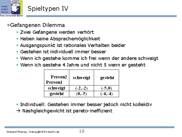 Spieltypen IV • Gefangenen Dilemma § § § Zwei Gefangene werden verhört Haben keine