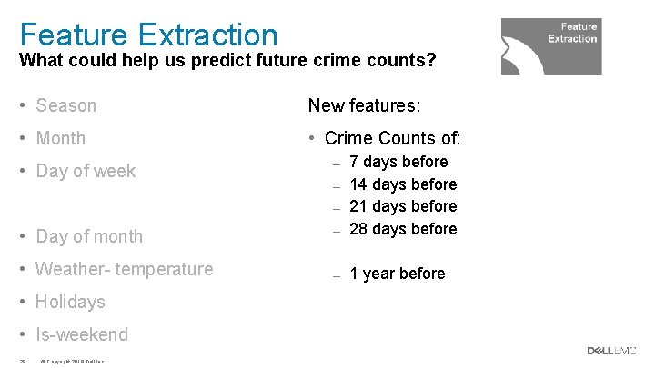 Feature Extraction What could help us predict future crime counts? • Season New features: