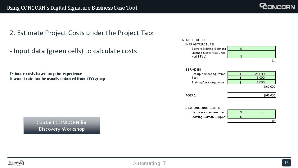 Using CONCORN’s Digital Signature Business Case Tool 2. Estimate Project Costs under the Project