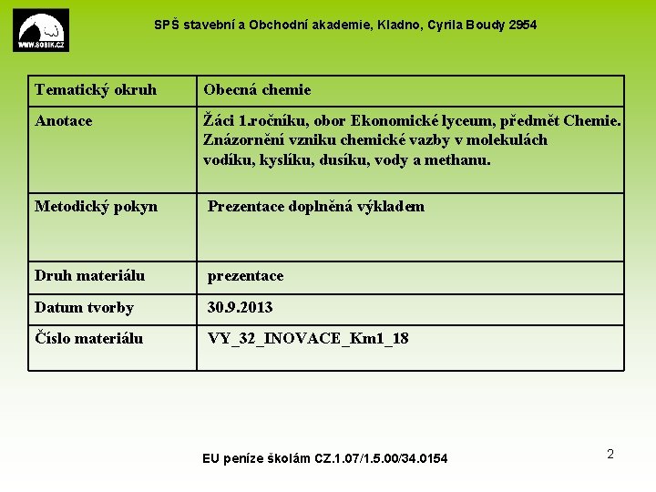 SPŠ stavební a Obchodní akademie, Kladno, Cyrila Boudy 2954 Tematický okruh Obecná chemie Anotace