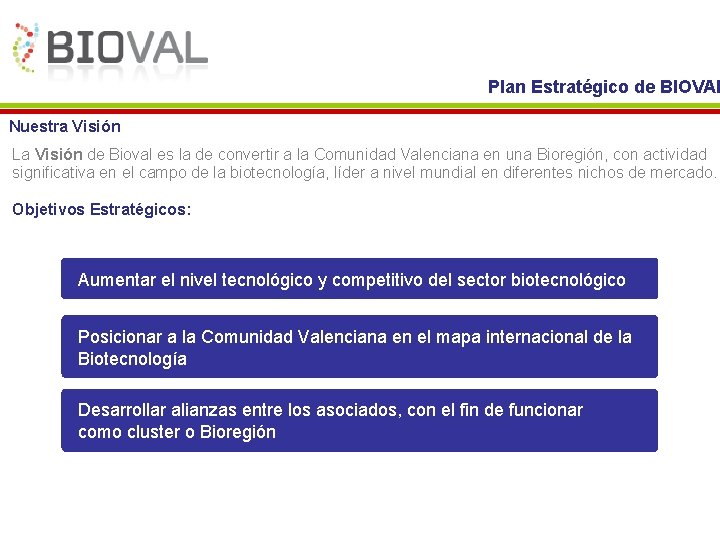 Plan Estratégico de BIOVAL Nuestra Visión La Visión de Bioval es la de convertir