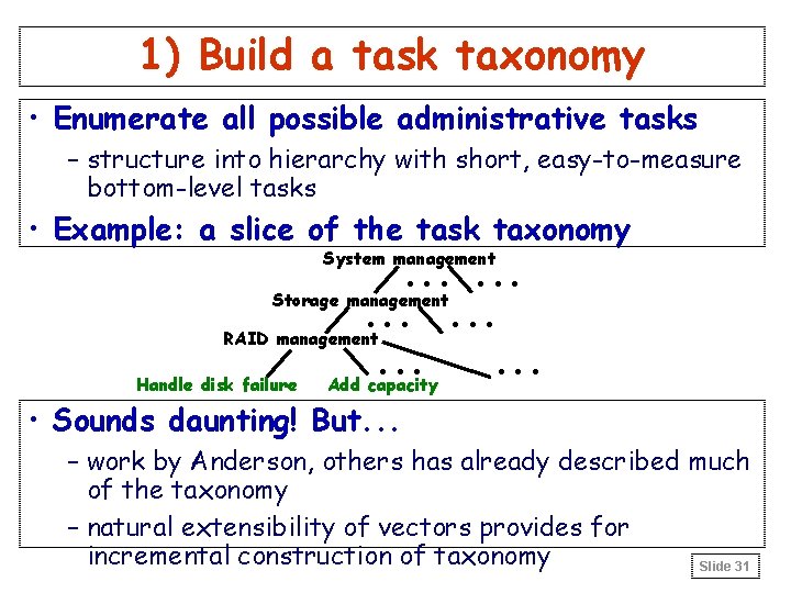 1) Build a task taxonomy • Enumerate all possible administrative tasks – structure into