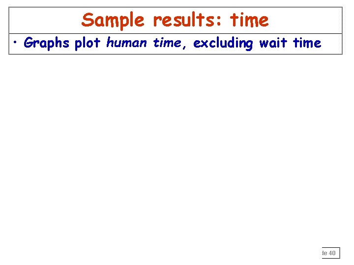Sample results: time • Graphs plot human time, excluding wait time Slide 40 