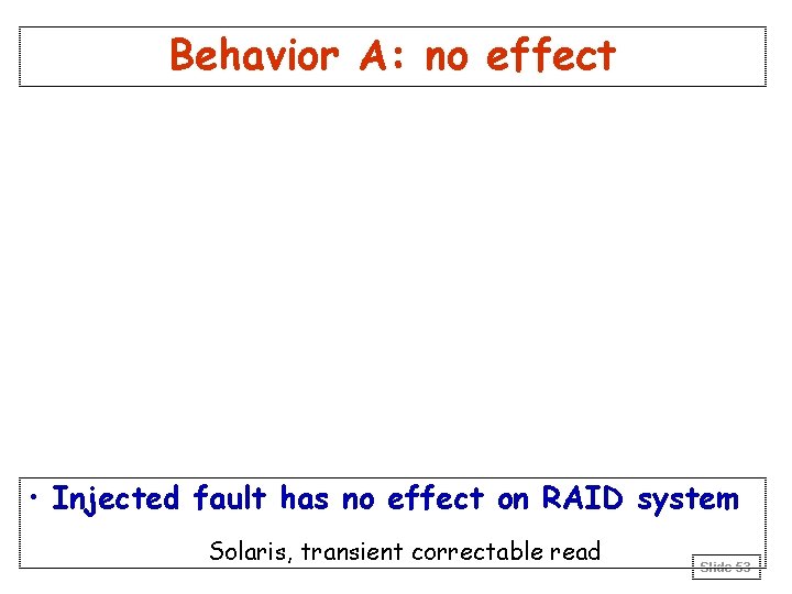 Behavior A: no effect • Injected fault has no effect on RAID system Solaris,