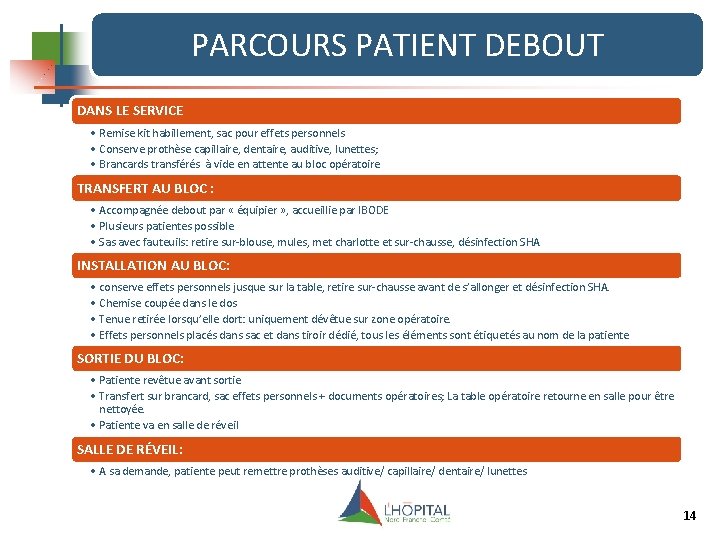 PARCOURS PATIENT DEBOUT DANS LE SERVICE • Remise kit habillement, sac pour effets personnels