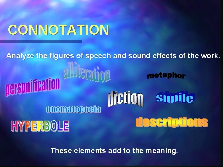 CONNOTATION Analyze the figures of speech and sound effects of the work. These elements