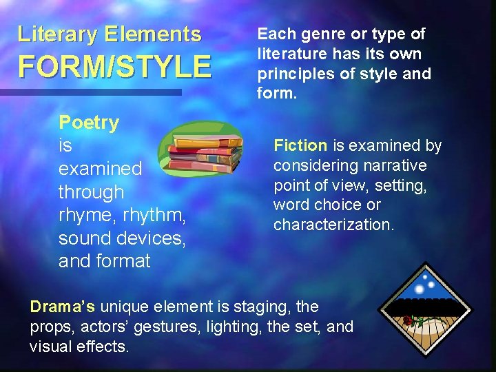 Literary Elements FORM/STYLE Poetry is examined through rhyme, rhythm, sound devices, and format Each