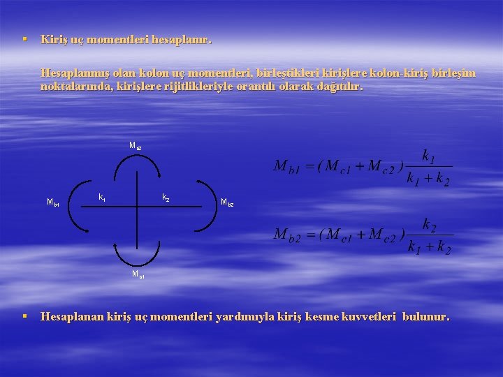 § Kiriş uç momentleri hesaplanır. Hesaplanmış olan kolon uç momentleri, birleştikleri kirişlere kolon-kiriş birleşim