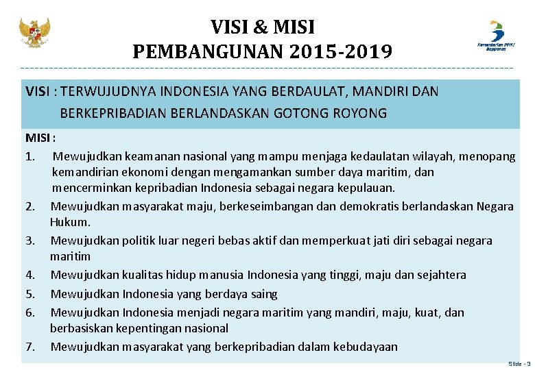 VISI & MISI PEMBANGUNAN 2015 -2019 VISI : TERWUJUDNYA INDONESIA YANG BERDAULAT, MANDIRI DAN
