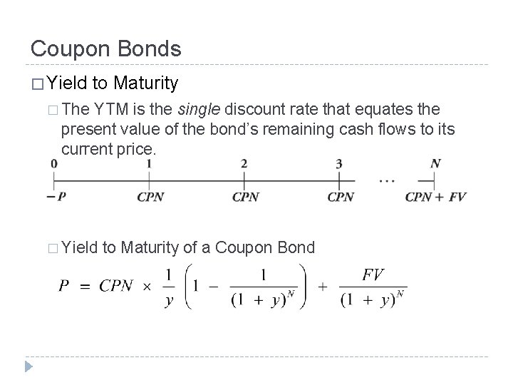 Coupon Bonds � Yield to Maturity � The YTM is the single discount rate