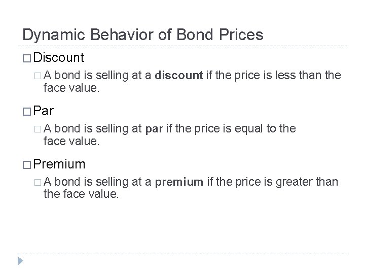 Dynamic Behavior of Bond Prices � Discount �A bond is selling at a discount