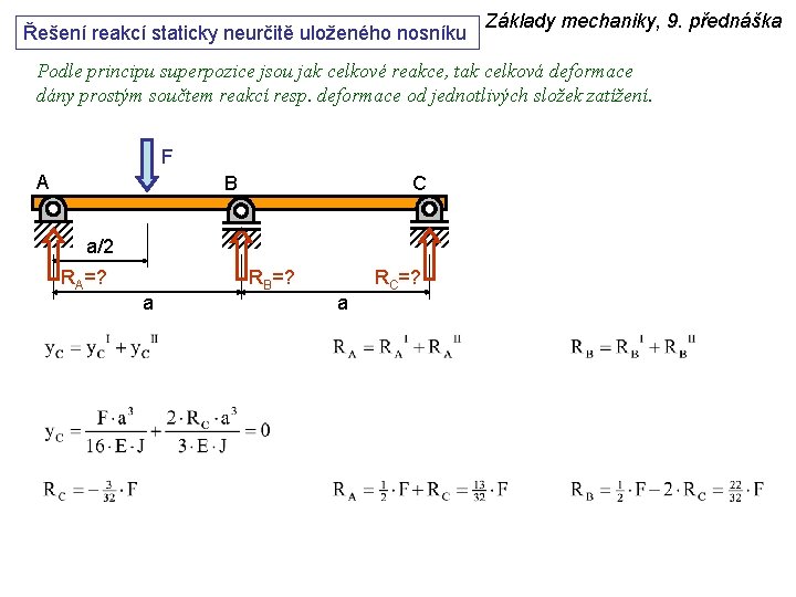 Řešení reakcí staticky neurčitě uloženého nosníku Základy mechaniky, 9. přednáška Podle principu superpozice jsou