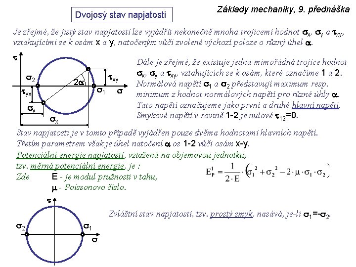 Dvojosý stav napjatosti Základy mechaniky, 9. přednáška Je zřejmé, že jistý stav napjatosti lze