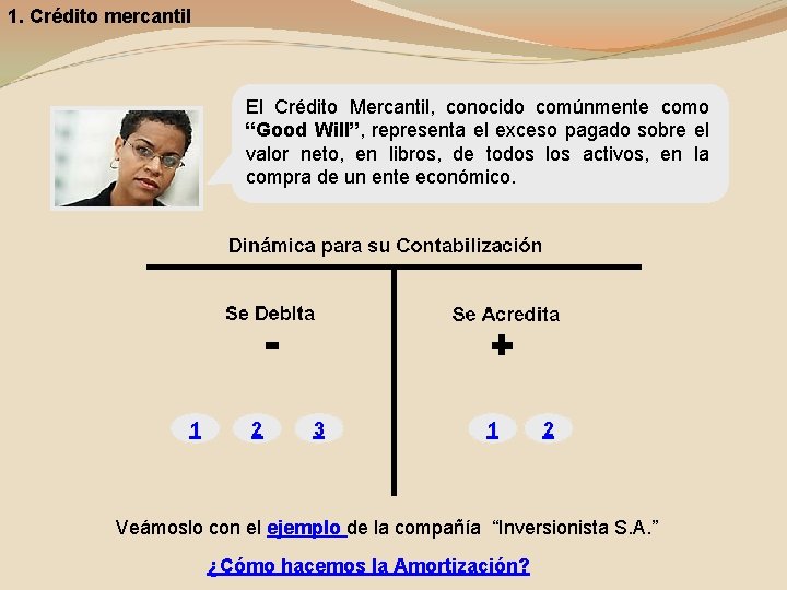 1. Crédito mercantil El Crédito Mercantil, conocido comúnmente como “Good Will”, representa el exceso