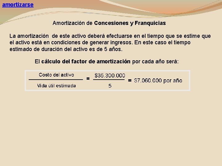 amortizarse Amortización de Concesiones y Franquicias La amortización de este activo deberá efectuarse en