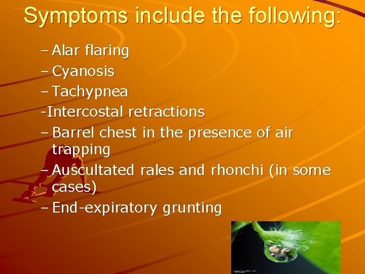 Symptoms include the following: – Alar flaring – Cyanosis – Tachypnea -Intercostal retractions –