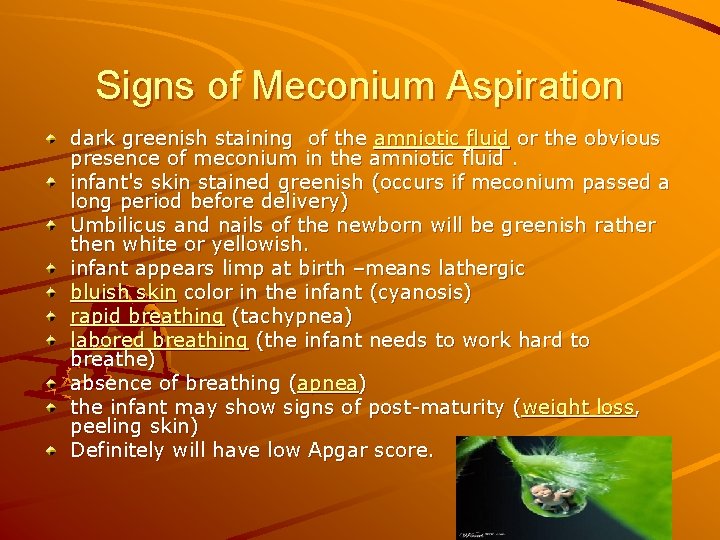 Signs of Meconium Aspiration dark greenish staining of the amniotic fluid or the obvious