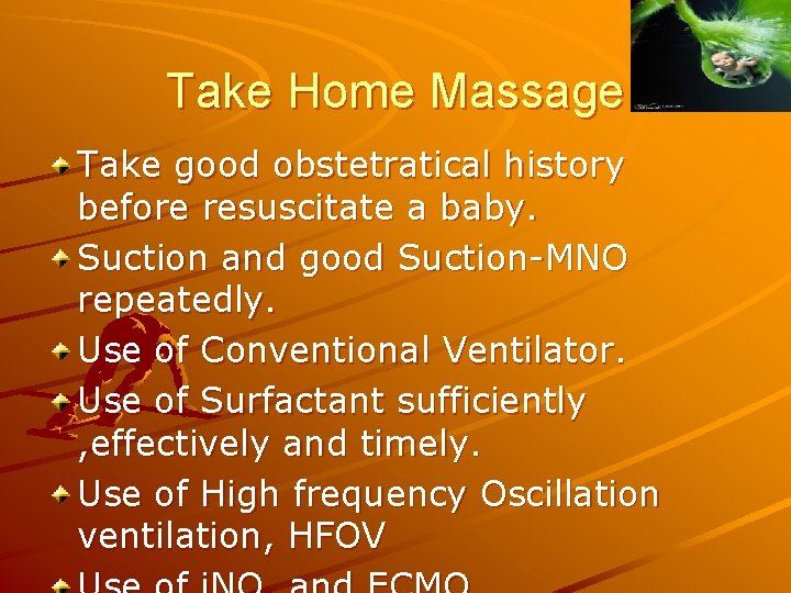 Take Home Massage Take good obstetratical history before resuscitate a baby. Suction and good