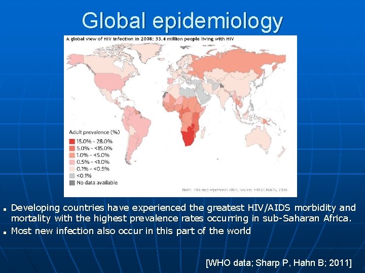 Global epidemiology ■ ■ Developing countries have experienced the greatest HIV/AIDS morbidity and mortality