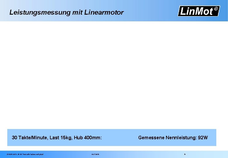 Leistungsmessung mit Linearmotor 30 Takte/Minute, Last 15 kg, Hub 400 mm: Lin. Mot® 2012