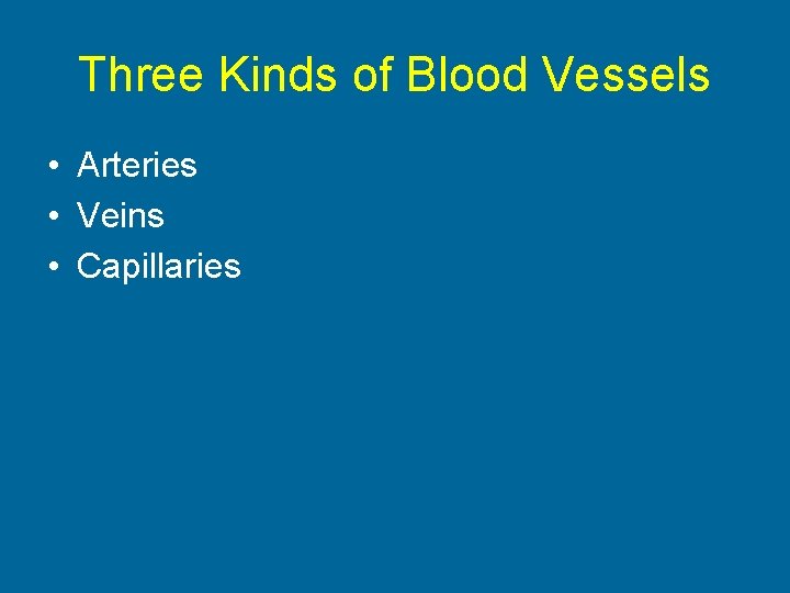 Three Kinds of Blood Vessels • Arteries • Veins • Capillaries 