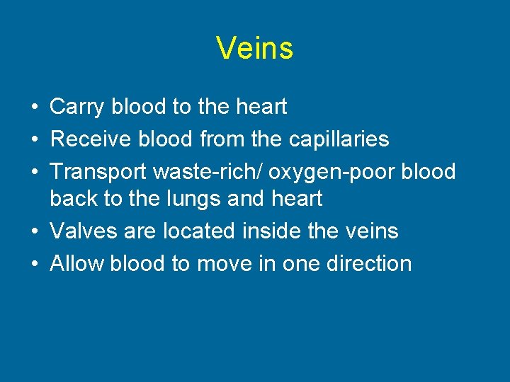Veins • Carry blood to the heart • Receive blood from the capillaries •