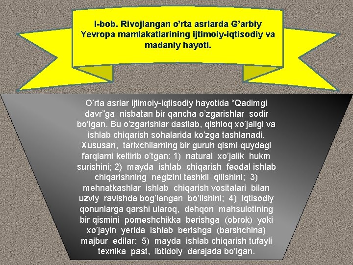 I-bob. Rivojlangan o’rta asrlarda G’arbiy Yevropa mamlakatlarining ijtimoiy-iqtisodiy va madaniy hayoti. O’rta asrlar ijtimoiy-iqtisodiy