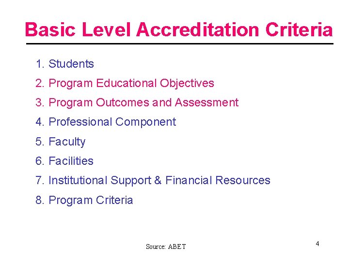 Basic Level Accreditation Criteria 1. Students 2. Program Educational Objectives 3. Program Outcomes and
