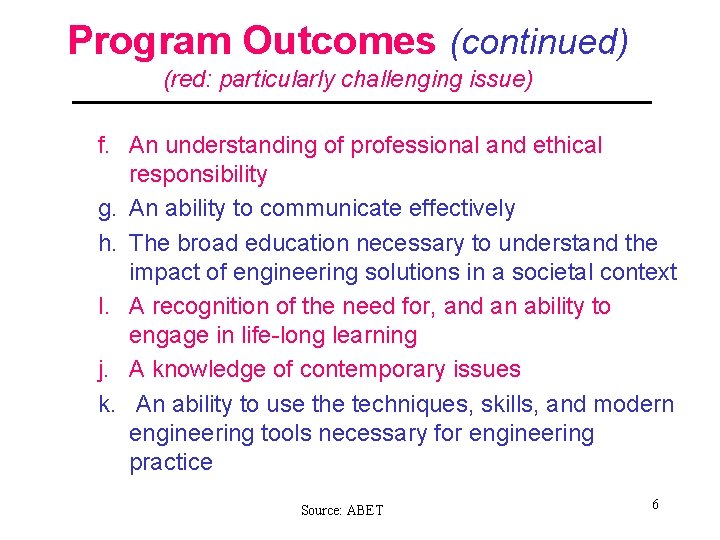 Program Outcomes (continued) (red: particularly challenging issue) f. An understanding of professional and ethical