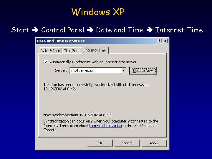 Windows XP Start Control Panel Date and Time Internet Time 