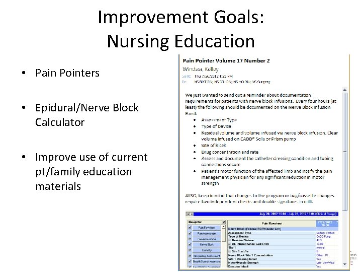Improvement Goals: Nursing Education • Pain Pointers • Epidural/Nerve Block Calculator • Improve use
