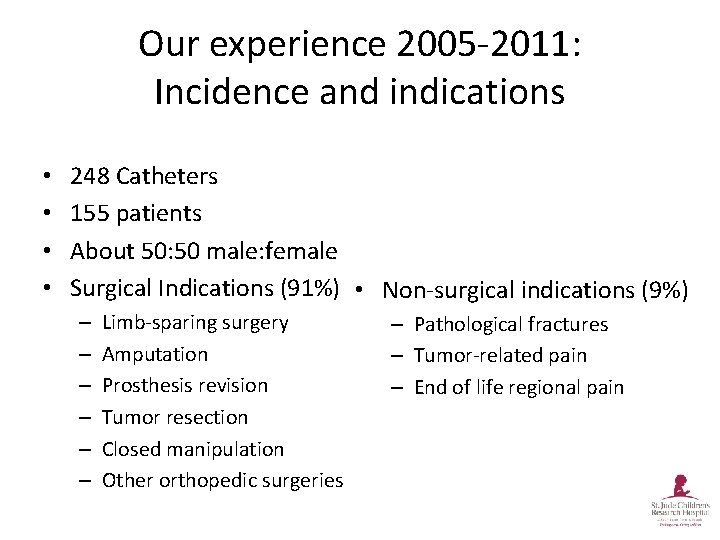 Our experience 2005 -2011: Incidence and indications • • 248 Catheters 155 patients About