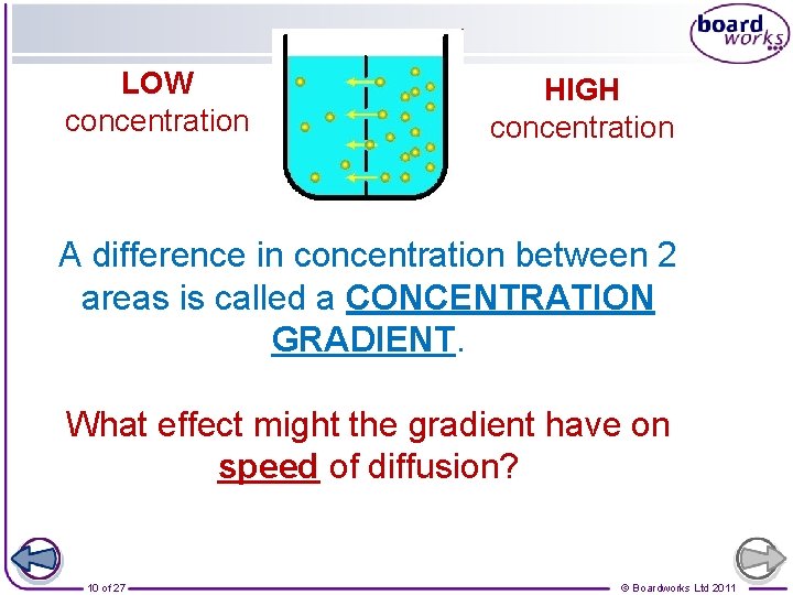 LOW concentration HIGH concentration A difference in concentration between 2 areas is called a