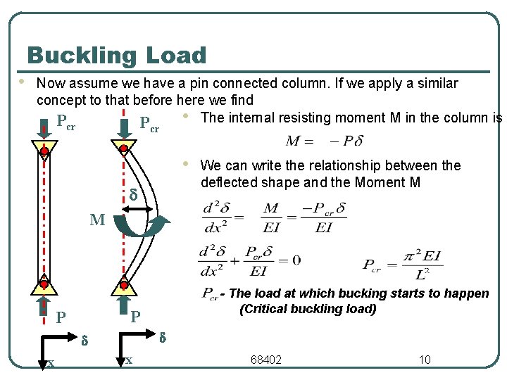  • Buckling Load Now assume we have a pin connected column. If we